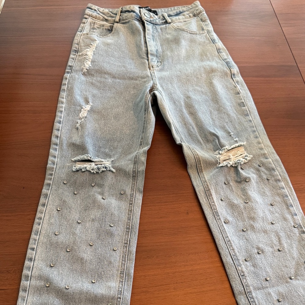 High Rise Distressed Gray Jeans